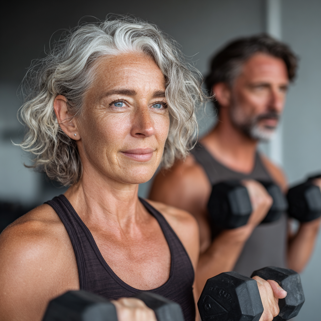 Confident mature woman and man in their 40s-50s exercising with weights in a modern fitness studio, demonstrating strength and dedication to healthy lifestyle transformation