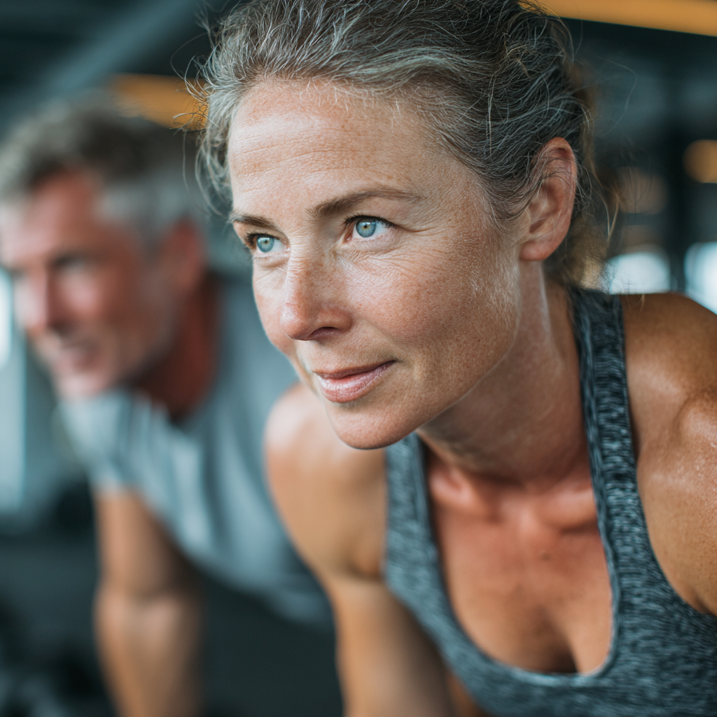 Mature adults aged 40-55 working out together in a bright modern gym environment, showing determination and healthy lifestyle choices during their fitness routine